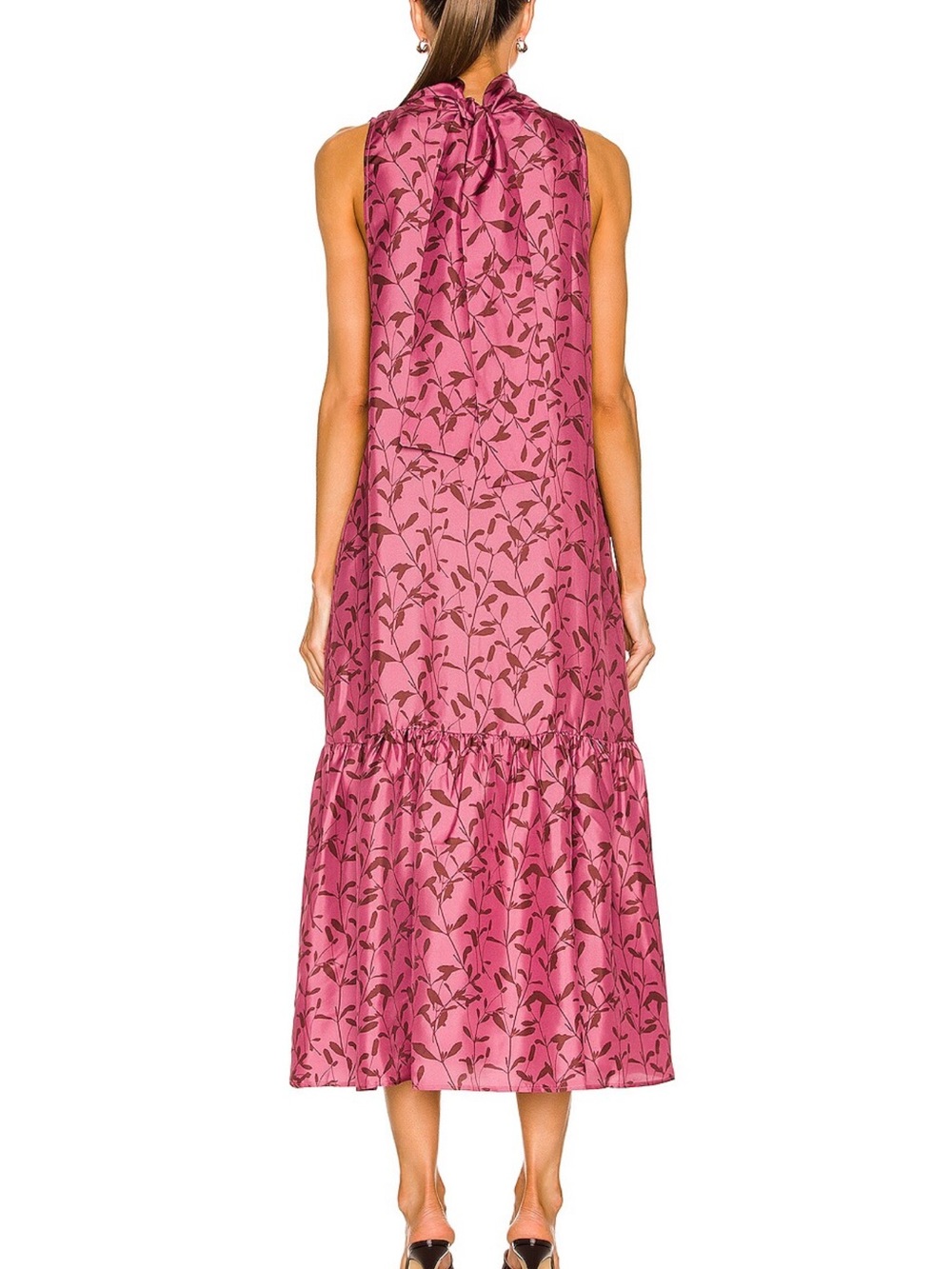 Sleeveless High-Neck Pink Floral Silk Dress - Picture 3 of 9